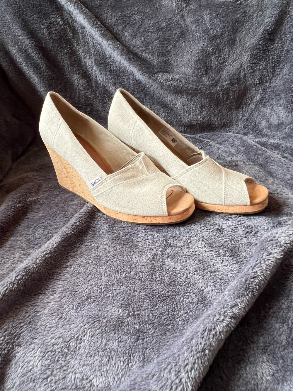 TOMS Natural Beige Canvas Open Toe Cork Wedge Heels Size 11